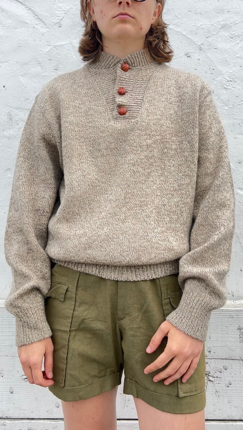 80s Northern Isles beige marl henley sweater