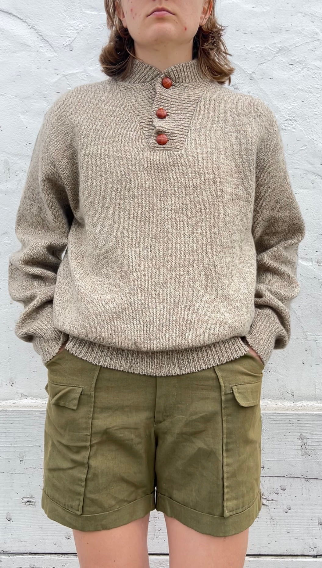 80s Northern Isles beige marl henley sweater