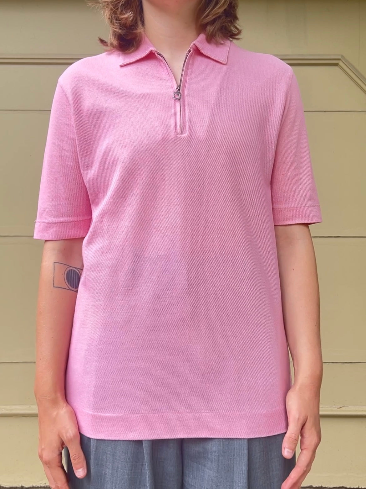 Y2K Salvatore Ferragamo pink zip collar polo