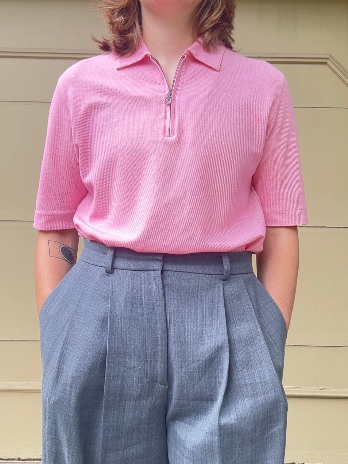 Y2K Salvatore Ferragamo pink zip collar polo