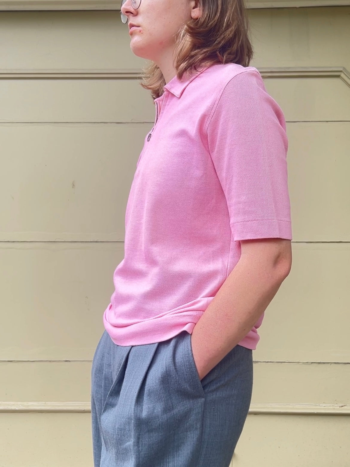 Y2K Salvatore Ferragamo pink zip collar polo