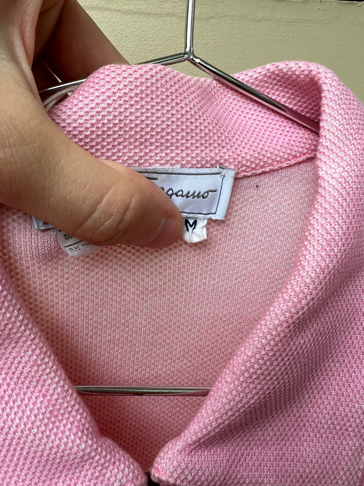 Y2K Salvatore Ferragamo pink zip collar polo