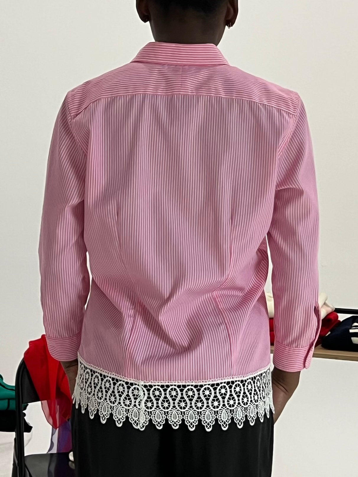 Y2K Lauren by Ralph Lauren pink stripe lace trim shirt