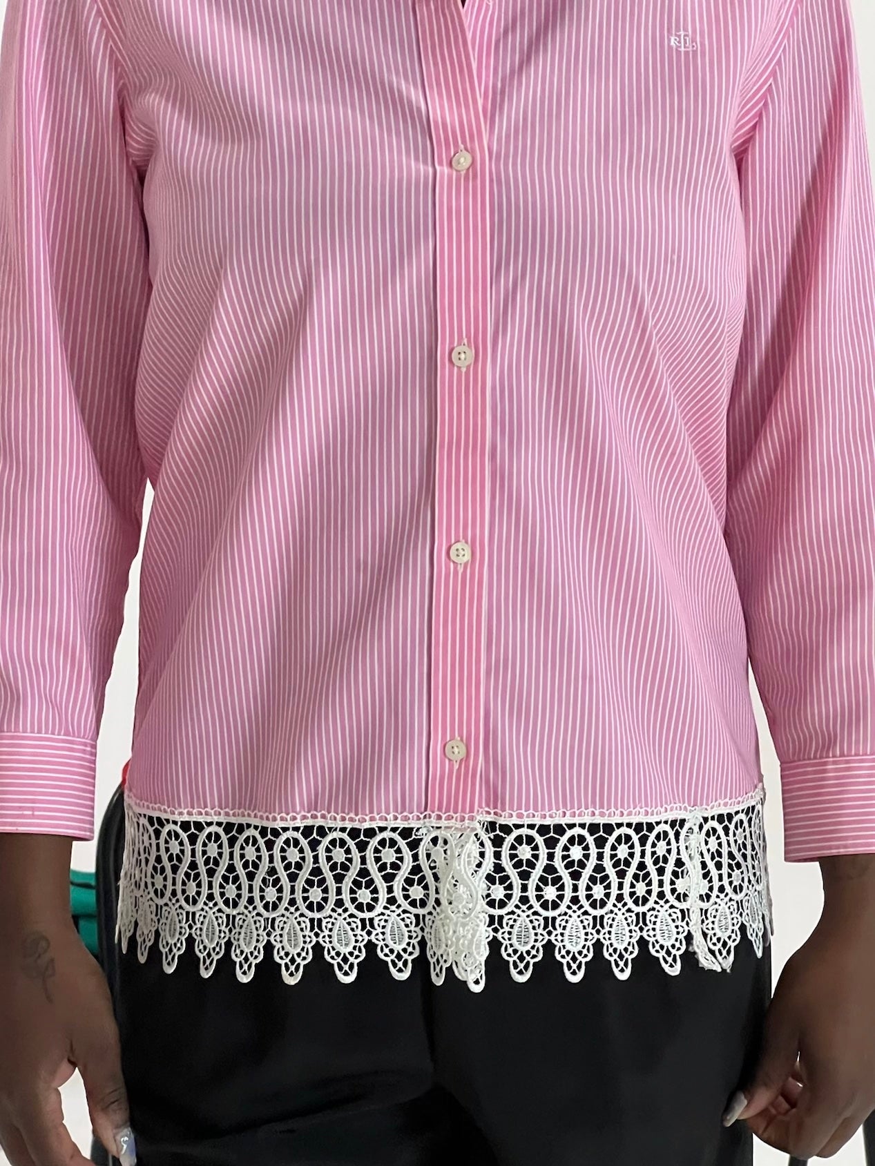 Y2K Lauren by Ralph Lauren pink stripe lace trim shirt