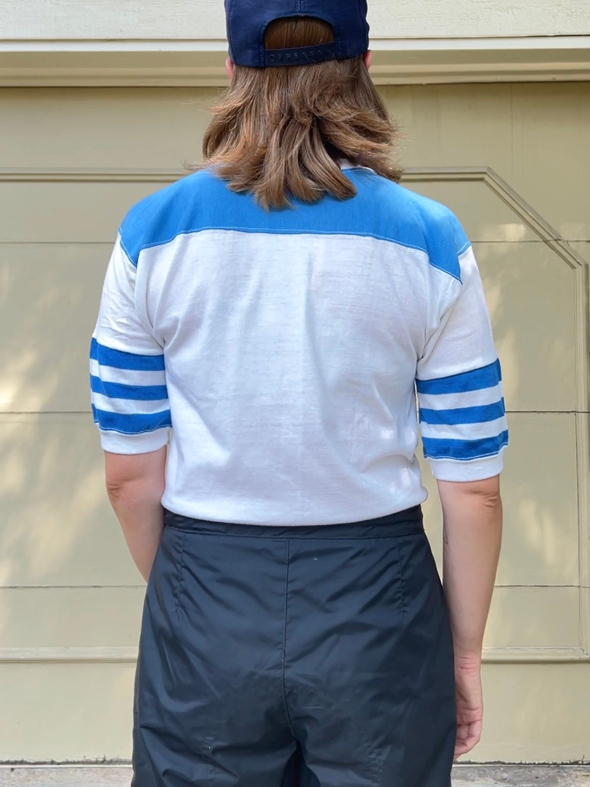 80s Sportswear blue and white stripe sleeve tee shirt