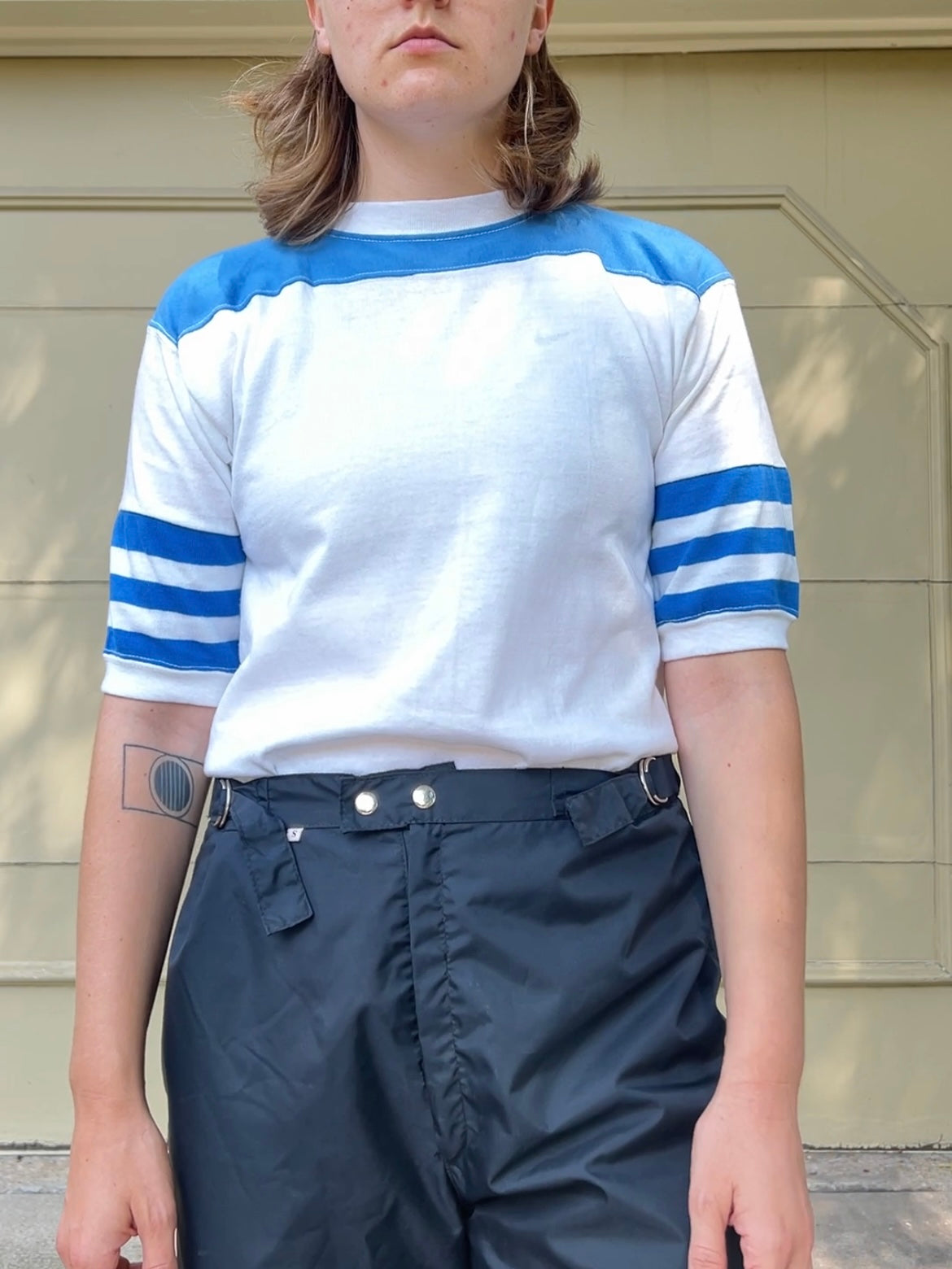 80s Sportswear blue and white stripe sleeve tee shirt