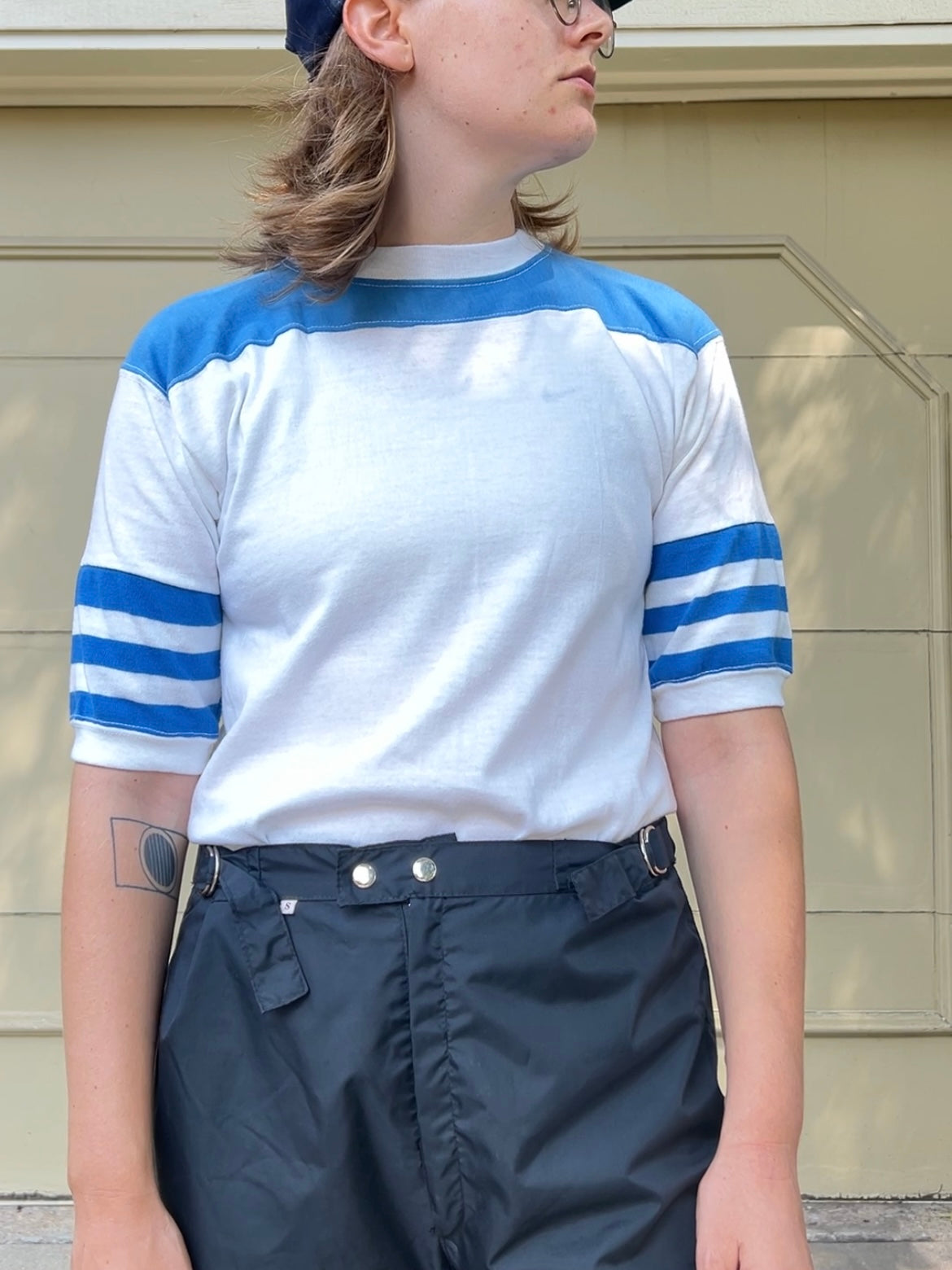 80s Sportswear blue and white stripe sleeve tee shirt