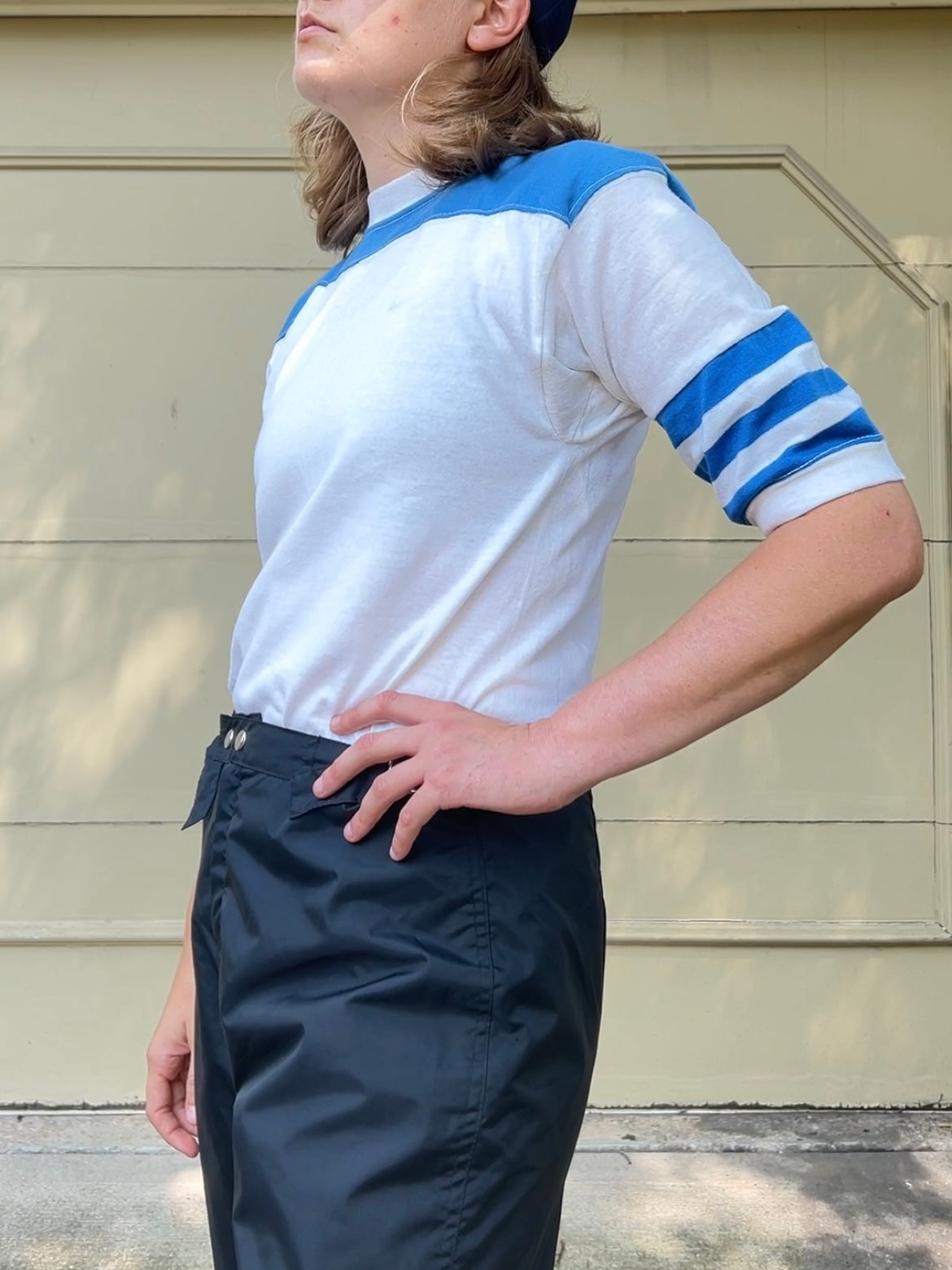 80s Sportswear blue and white stripe sleeve tee shirt